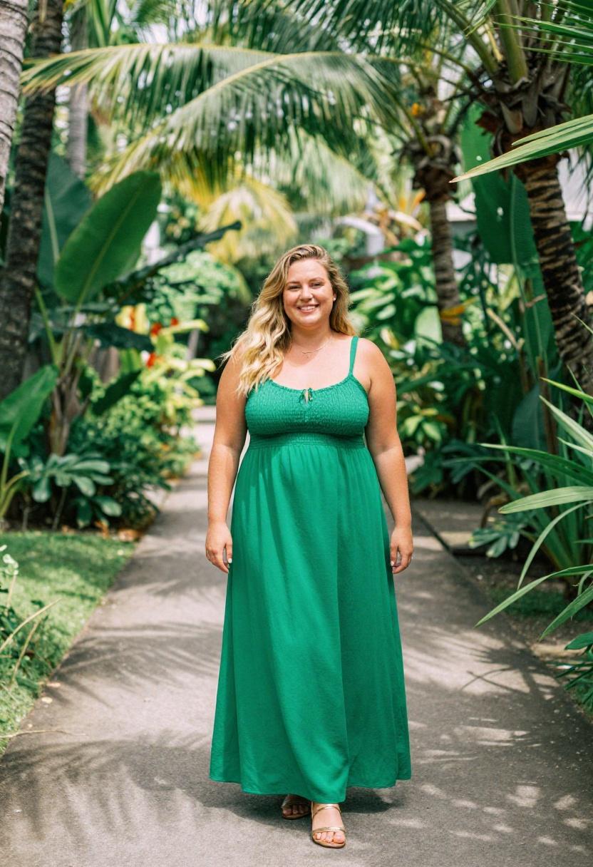 Emerald green smocked maxi dress for vacation-ready plus-size spring wardrobe