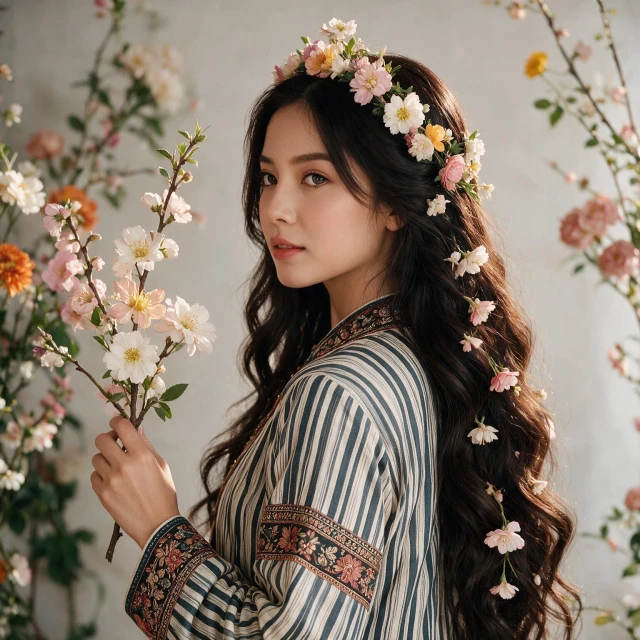 A girl in profile, holding a blooming flower branch, with additional floral elements woven into her hair and background, in black-and-white illustration style. She has long wavy hair adorned with a floral crown and additional floral elements woven into her hair, wearing traditional attire with vertical stripes and ornate embroidery on sleeves and neckline.