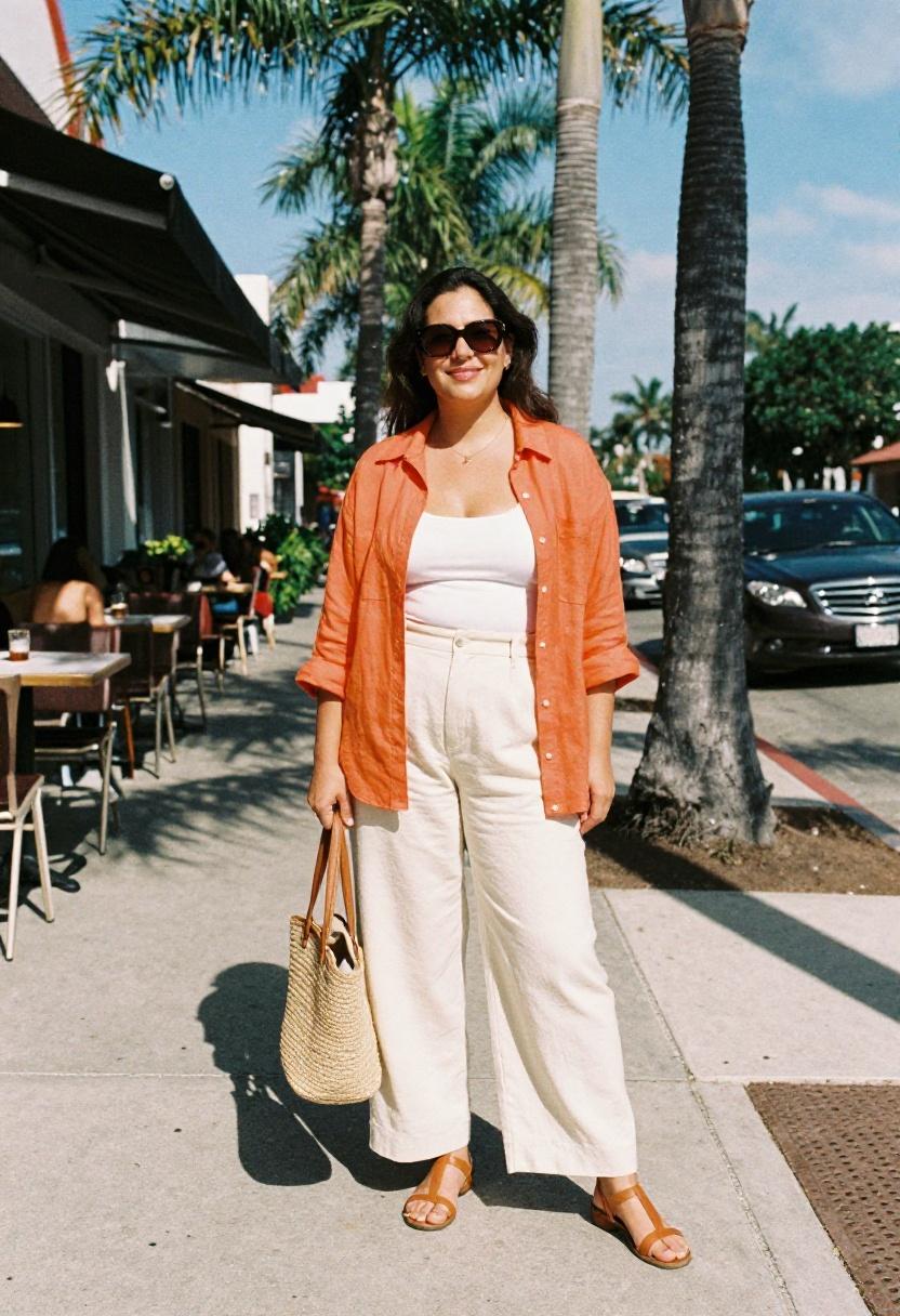 Tangerine linen plus size button-down open over white camisole and wide-leg trousers, California-casual spring look
