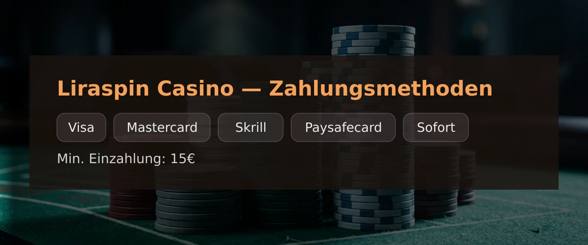Liraspin Casino — Zahlungsmethoden: Visa, Mastercard, Skrill, Paysafecard, Sofort