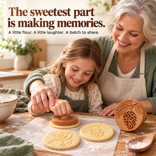 Grandmother and child making decorative cookies together with wooden stamps