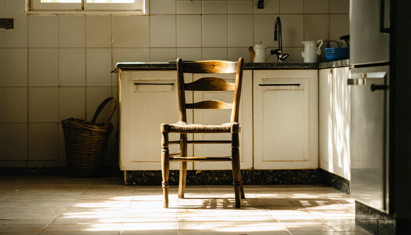 An empty wooden chair in a bare sunlit kitchen, afternoon light falling across the seat.