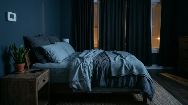 Serene dark bedroom with cool tones, blackout curtains, and undisturbed bed suggesting optimal sleep environment