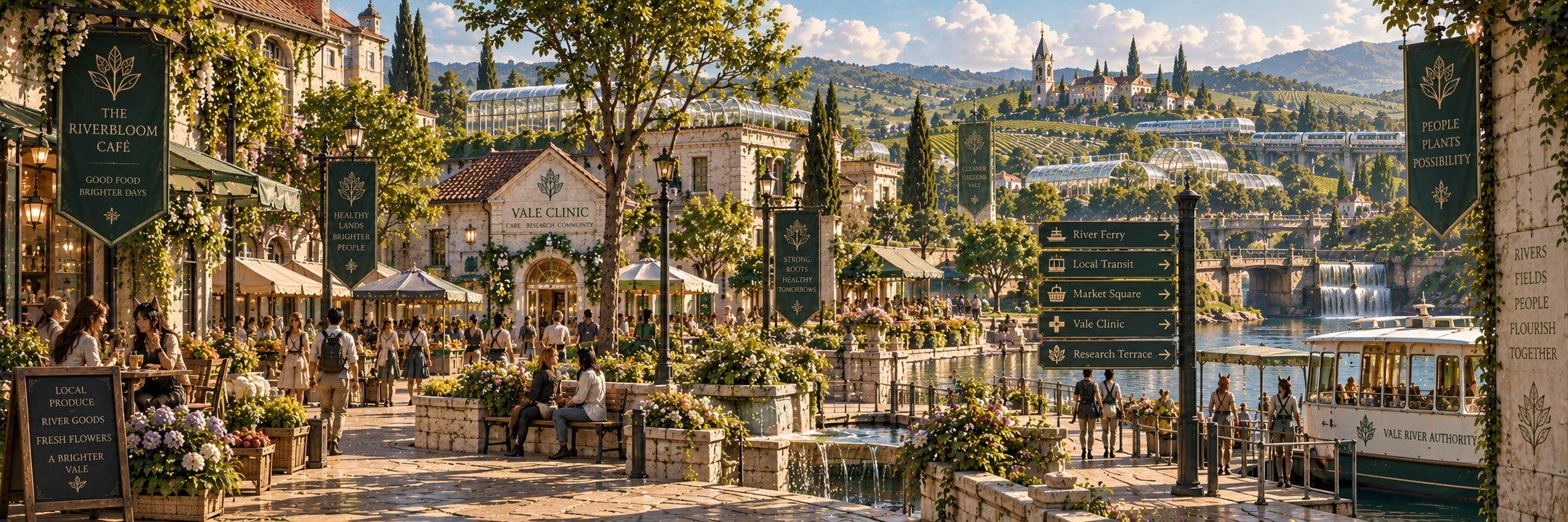 A small Brazorian town center with market stalls, clinic, river transit, greenhouses and agricultural countryside