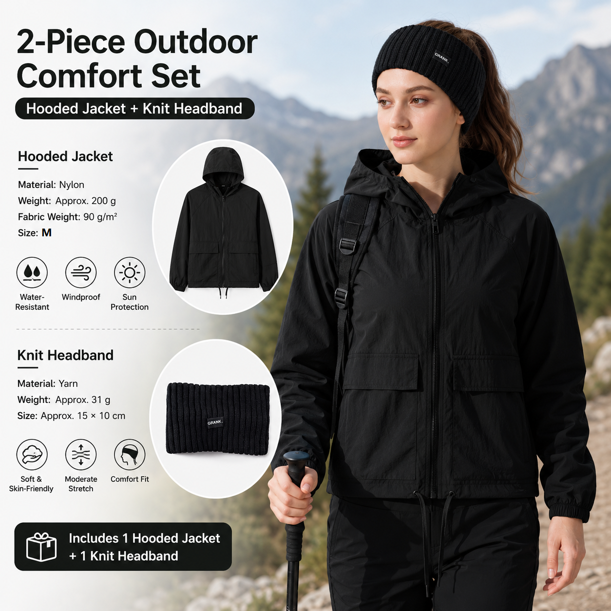 Women's Lightweight Outdoor Windproof and warm set - Black M Size Waterproof Windproof Sun Protection Hooded Raincoat and Black Knitted Warm Headband Set for Hiking Travel Daily Wear