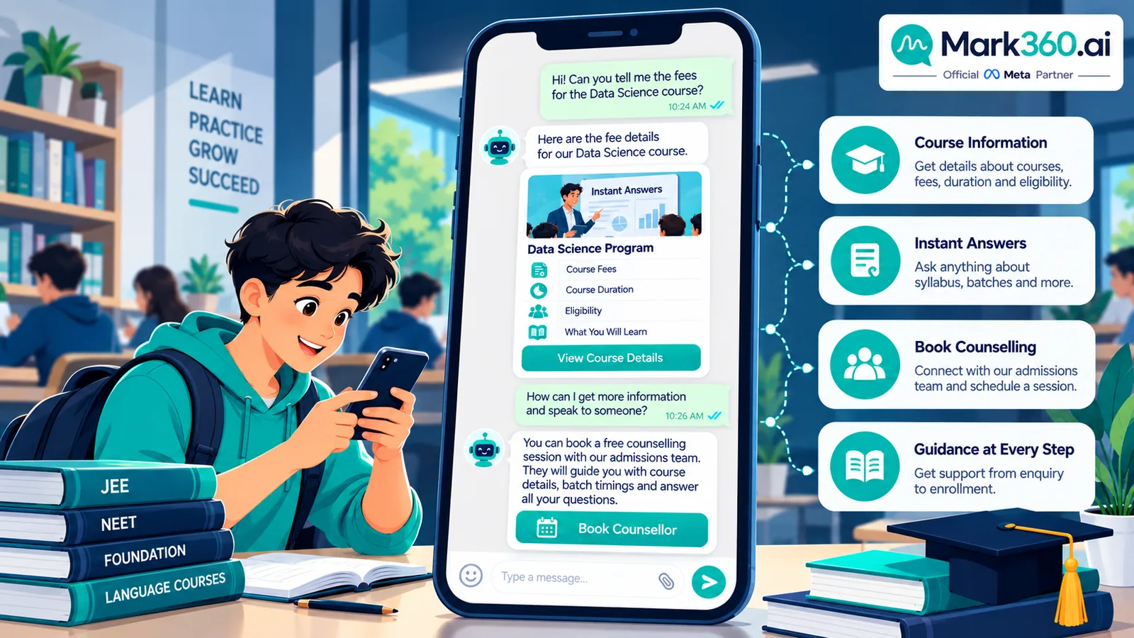 Education WhatsApp AI agent answering course fees and booking a counsellor slot