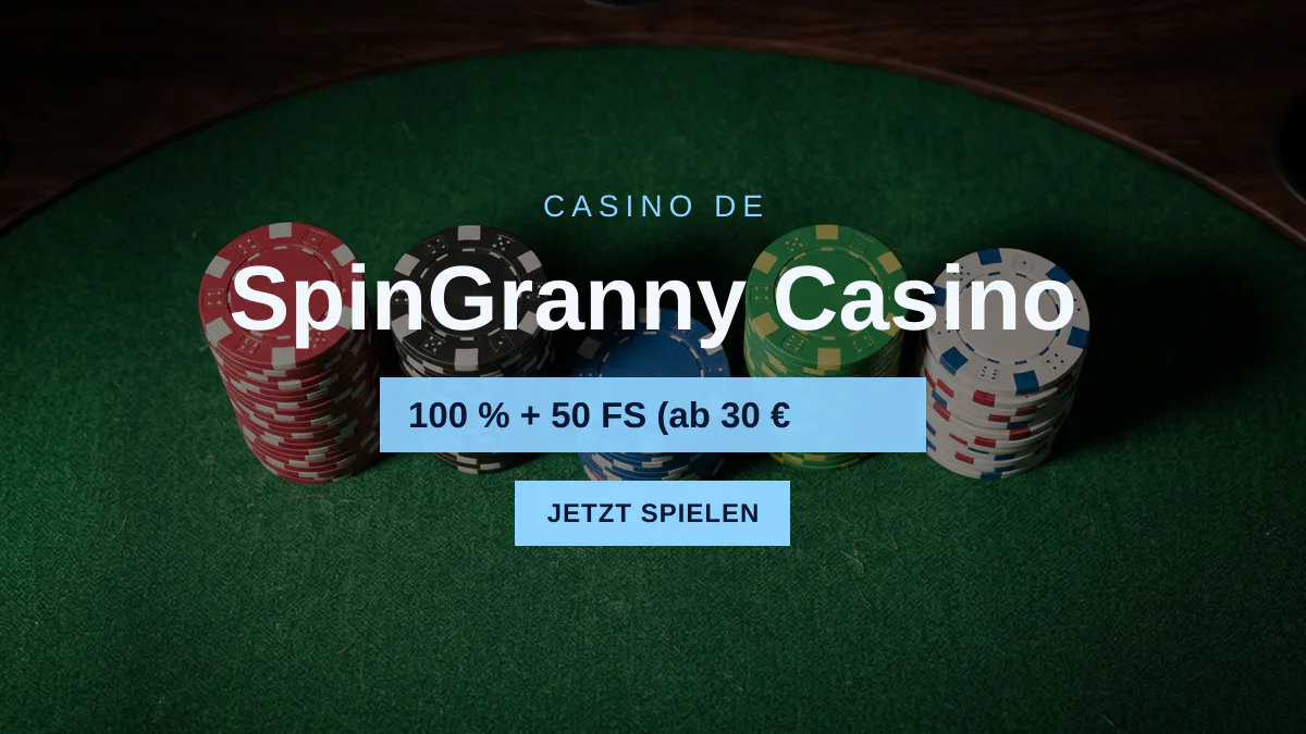 SpinGranny Casino — Willkommensbonus 100 % + 50 FS (ab 30 €, Zahlungen: Visa, Mastercard, Sofort, Apple Pay, Bitcoin