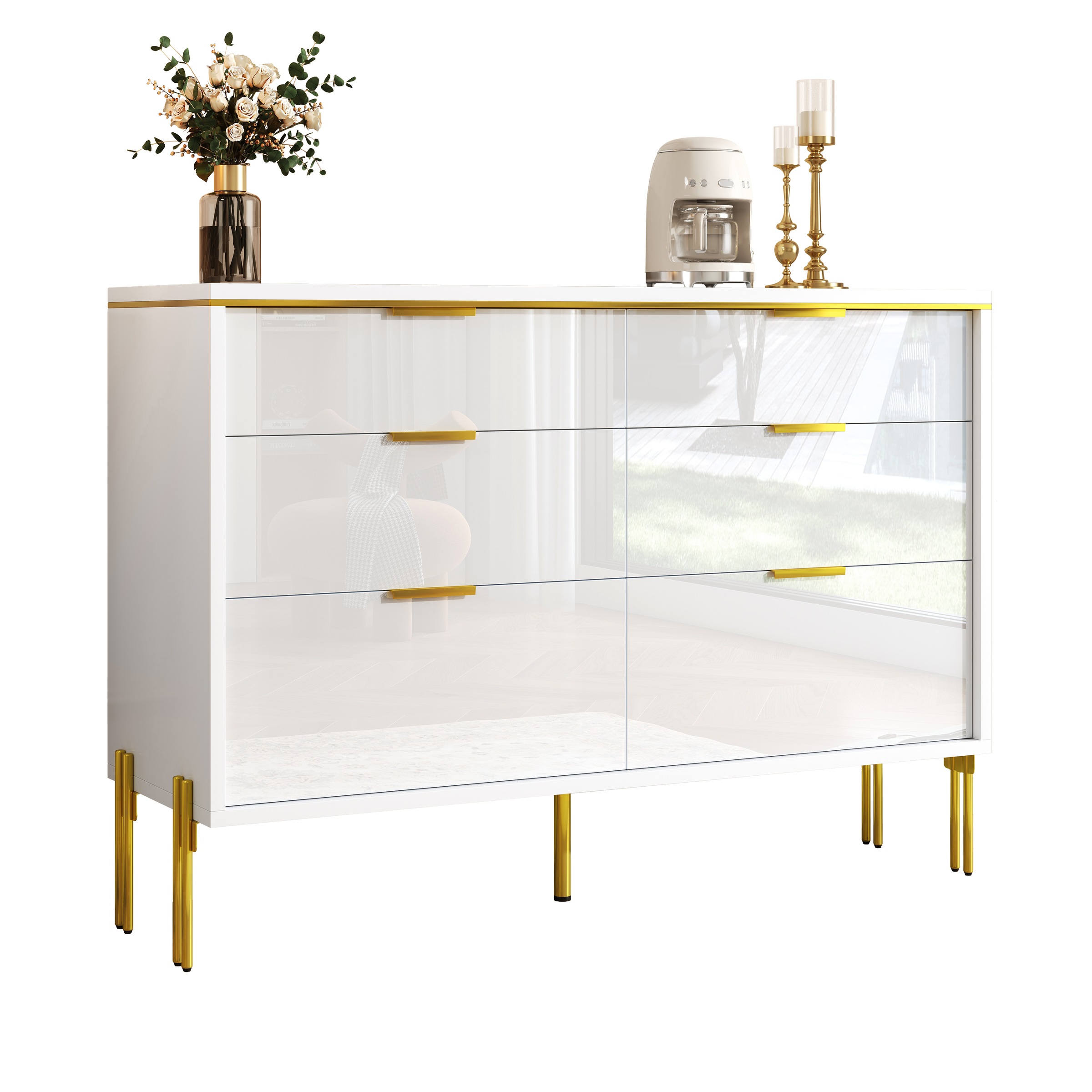 Buffet Blanc, 6 Tiroirs, Rangement, Design Moderne, Structure Robuste - Panneaux de Particules - 120x40x85.5cm 1