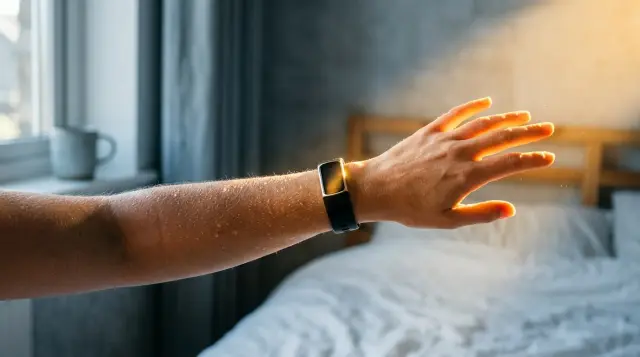 Goosebump-covered forearm reaching into golden morning sunlight, fitness tracker on wrist, serene mood