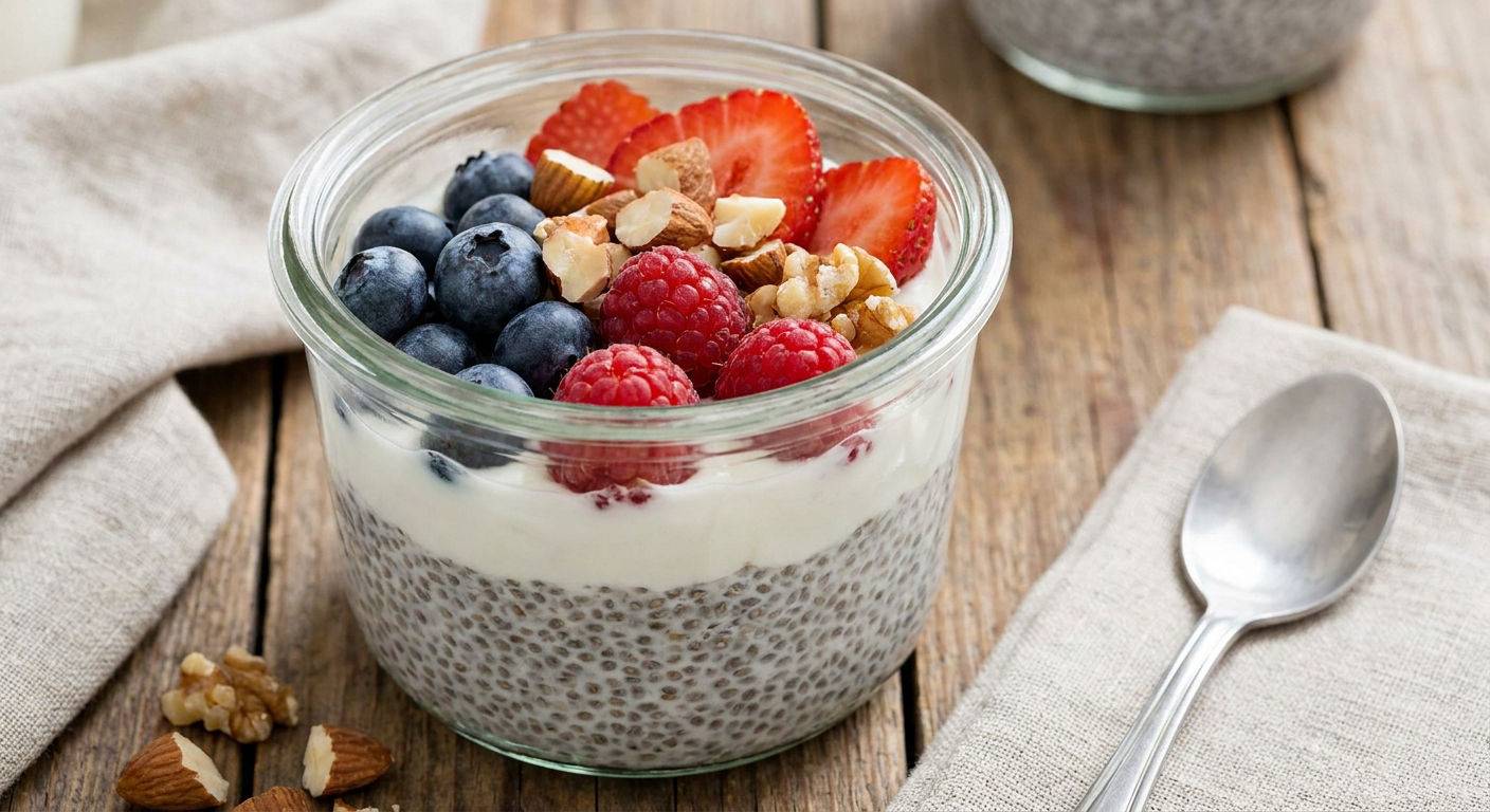 Pudding chia z jogurtem i owocami.