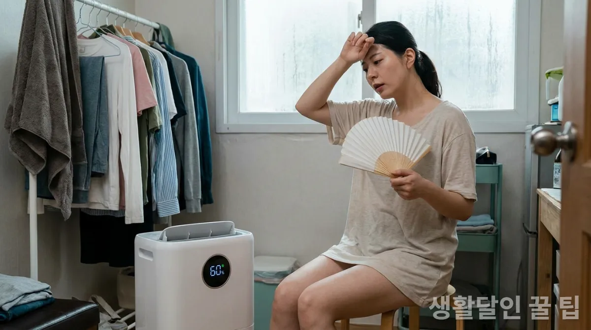 30대 한국인 여성이 제습기 앞에서 땀을 흘리며 더워하는 모습, 작은 방 배경