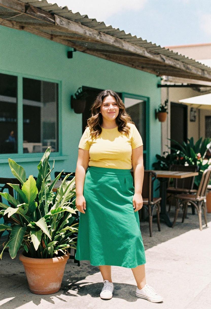 Emerald midi skirt with butter yellow blouse color block brunch look