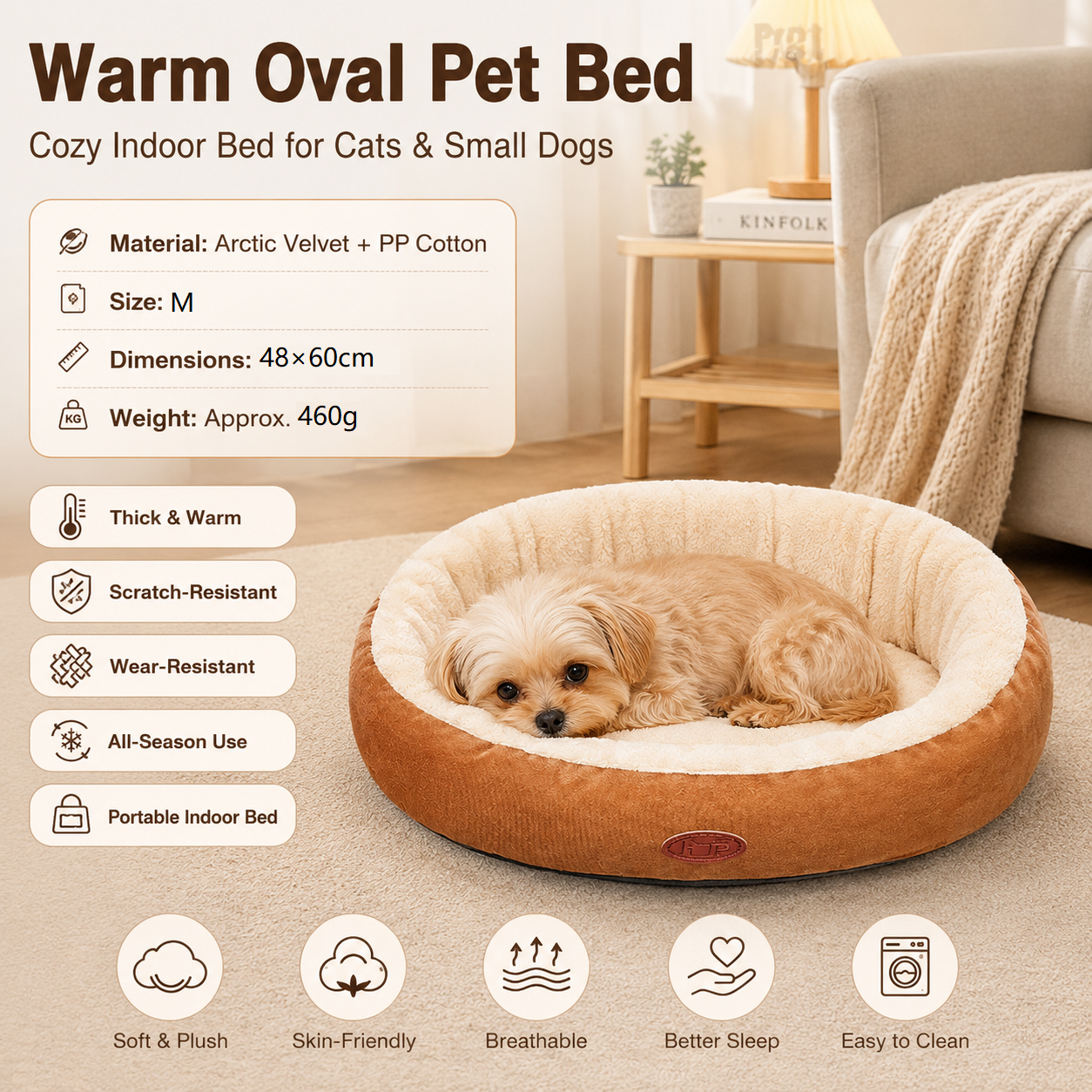 M Size 48x60cm Coffee-colored Oval Pet Bed - Arctic Fleece and PP Cotton - Thickened Warmth, Non-Slip Base, Removable Cover, Compact for Cats and Small Dogs
