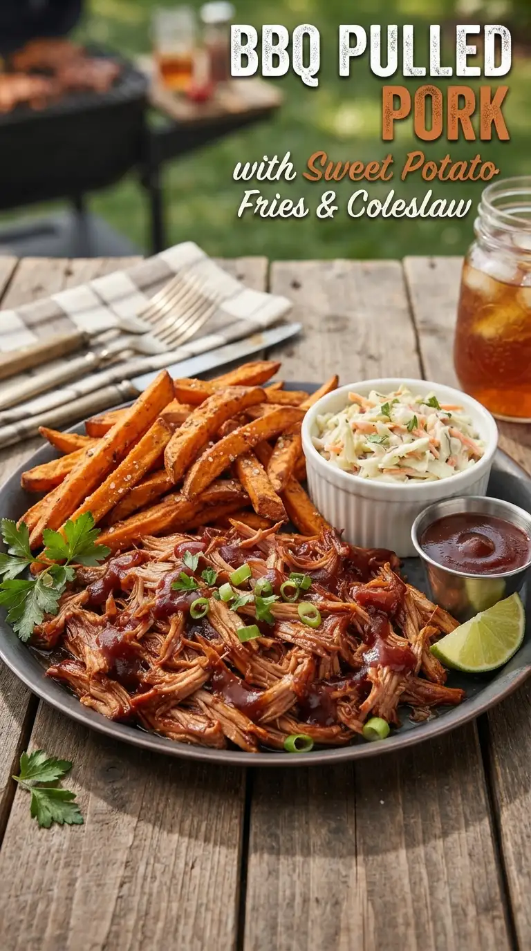 BBQ Pulled Pork with Sweet Potato Fries and Coleslaw