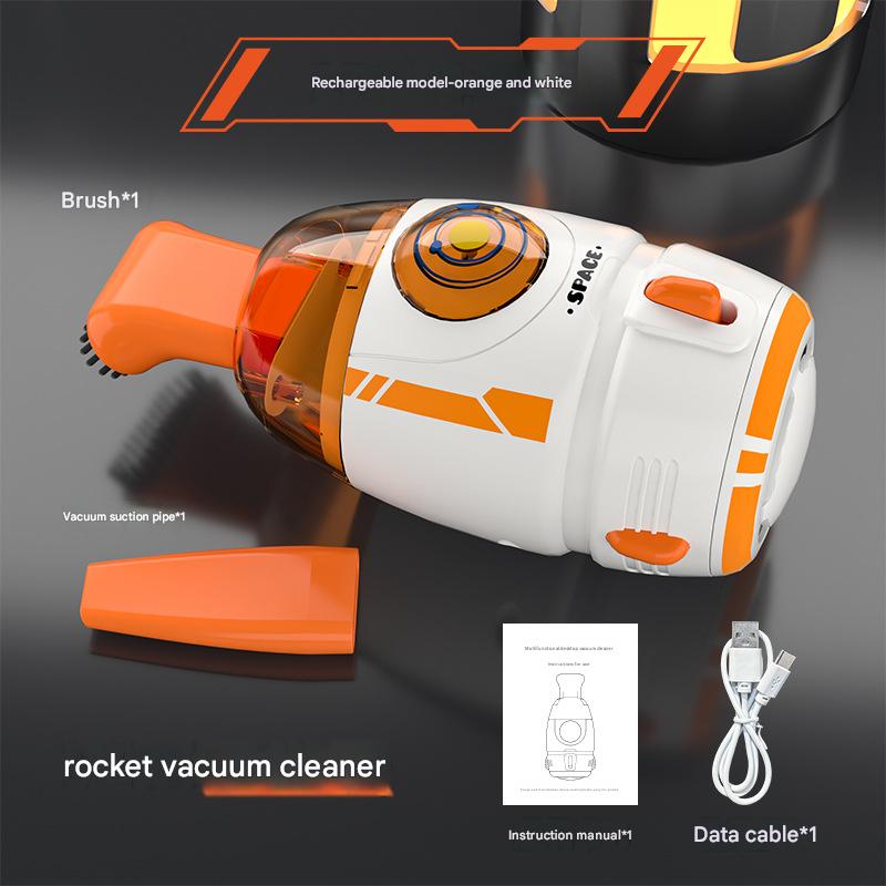 Orange and White Rocket Desktop Vacuum Cleaner - USB Rechargeable, 500mAh Battery, Two Types of Suction Nozzles, Transparent Dustbin - Compact Handheld Vacuum for Keyboard, Eraser Shavings, Desk & Car Cleaning