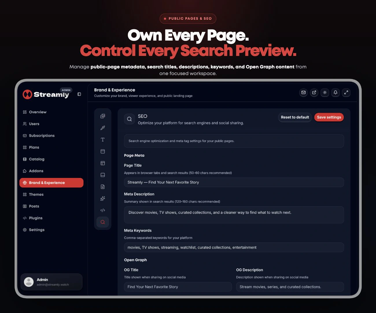 Streamly public pages and SEO workspace with search metadata, keywords, and Open Graph controls