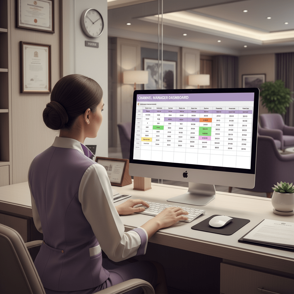 Hotel guest review management scene with a front desk tablet showing ratings and staff replying thoughtfully in a calm lobby.