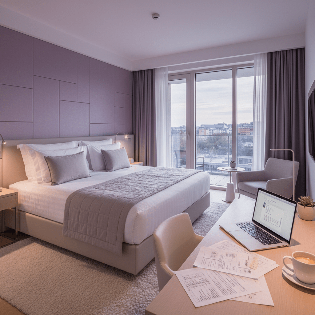 A bright, clean hotel room with balcony view and a laptop displaying listing notes, showing a guest-friendly stay