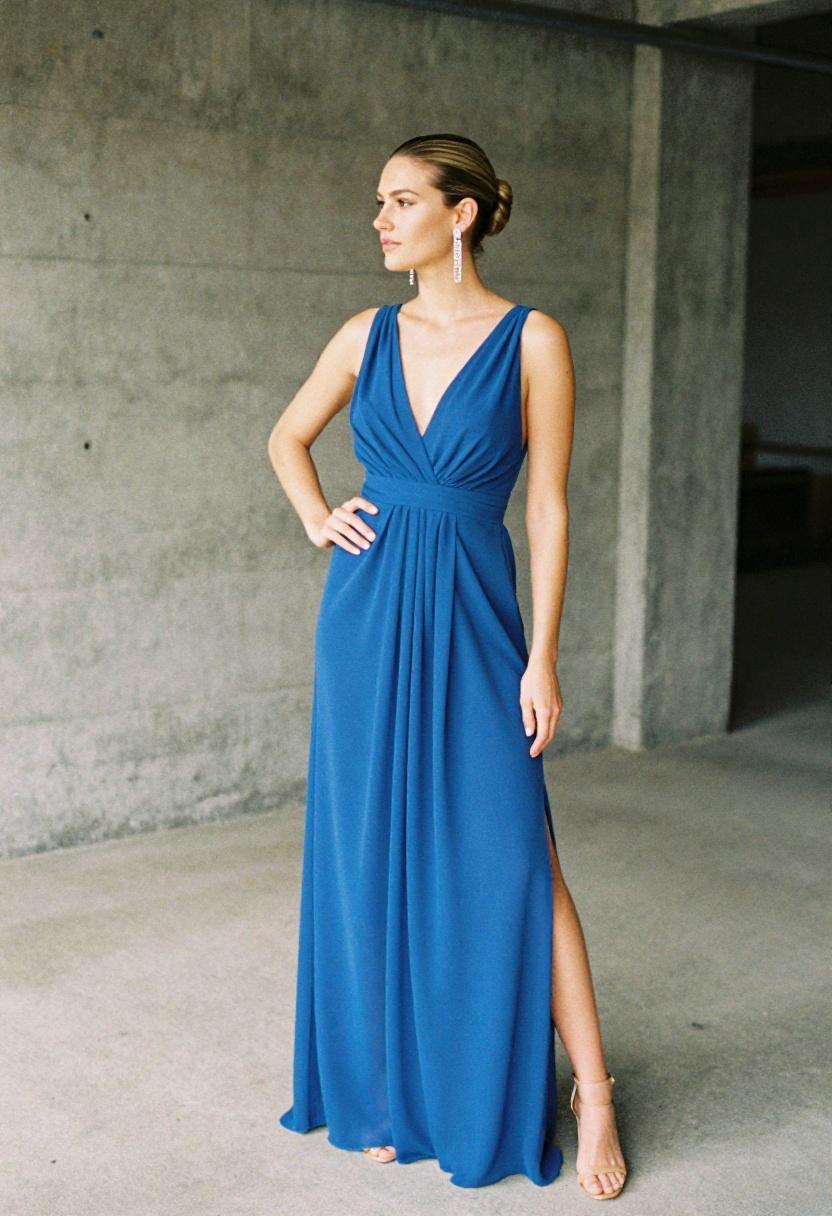 Flowing cobalt blue chiffon maxi dress with V-neck for Oscars watch party