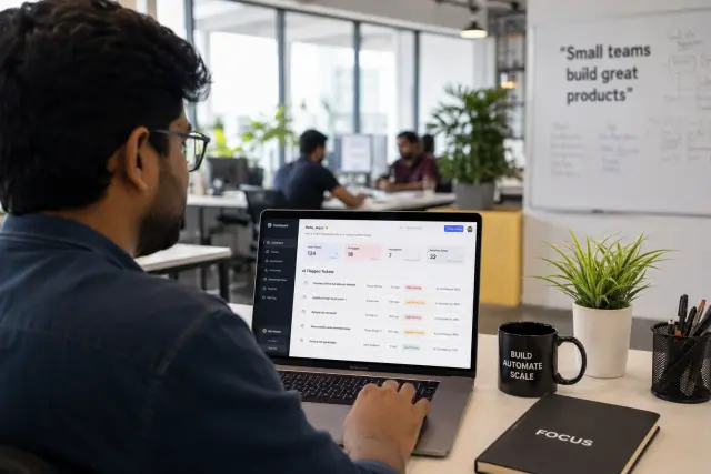 Bengaluru SaaS startup founder reviewing AI-automated customer support and churn-risk dashboard on laptop