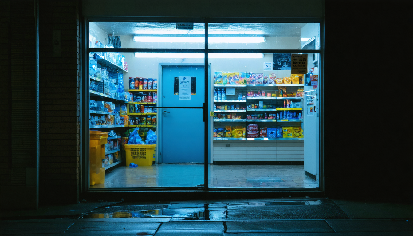 An empty convenience store at night, its fluorescent glow illuminating nothing but a wet floor and the quiet improbability of collision.