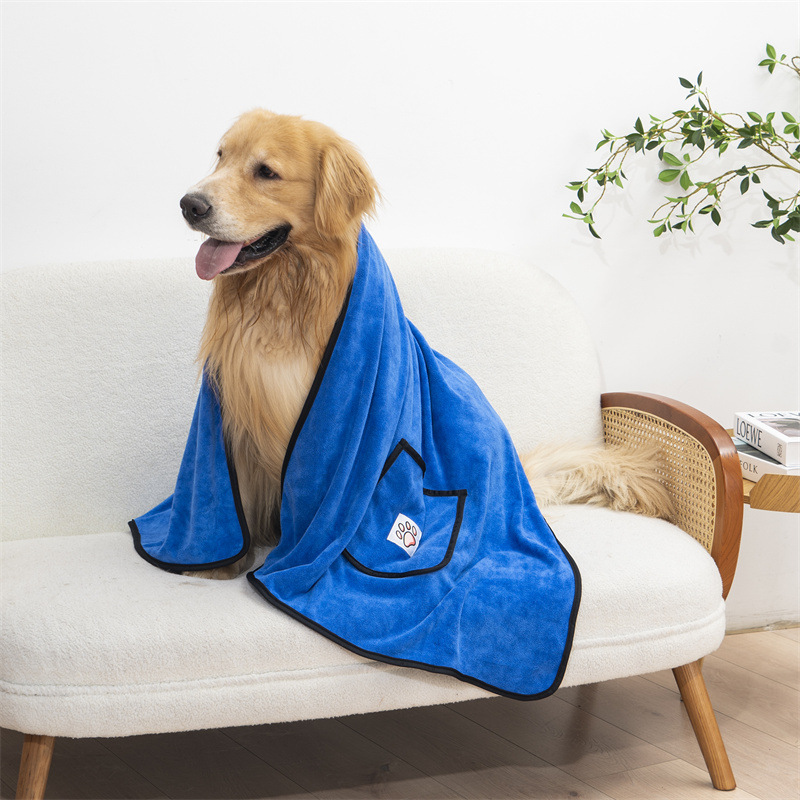 Blue 100*50cm icrofibre Pet Bath Towel with Hand Pockets - Super Absorbent Quick Dry Dog and Cat Drying Towel, Soft Grooming Blanket for Bathing, Cleaning and Everyday Pet Care