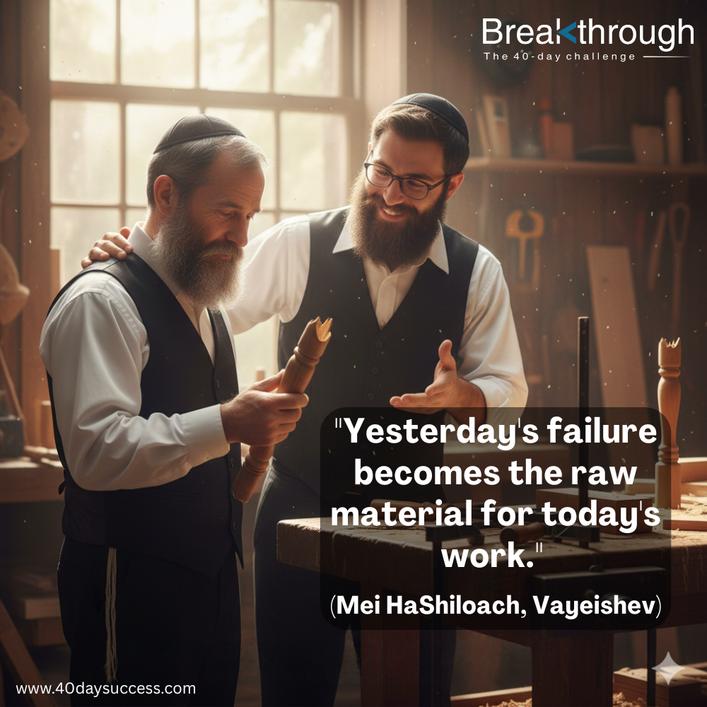 Two men examine a broken wooden piece in a workshop, beside a Mei HaShiloach quote about working with yesterday's failure.