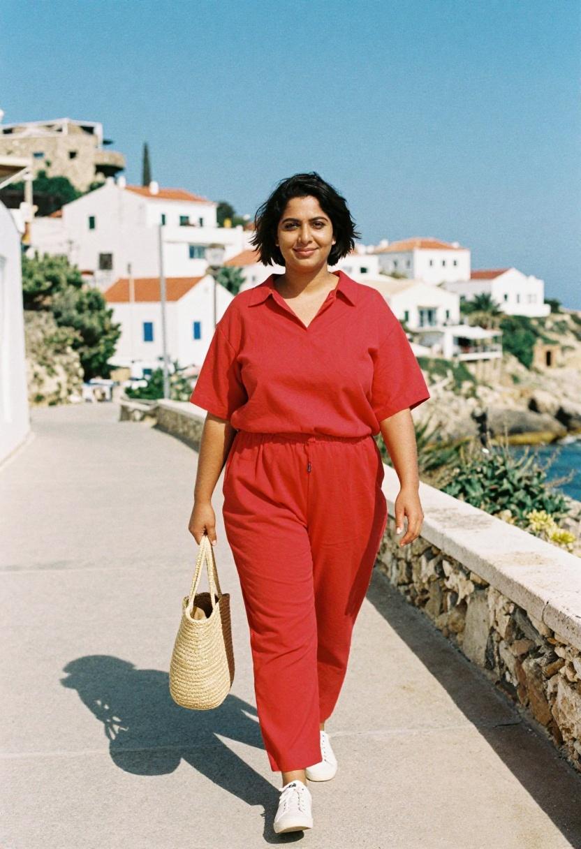 Plus size woman in cherry red camp-collar co-ord set with white sneakers for coastal spring style