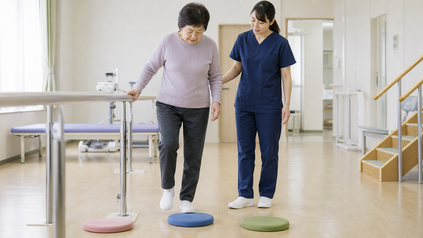 専門職の見守りで安全にステップ練習を行う様子