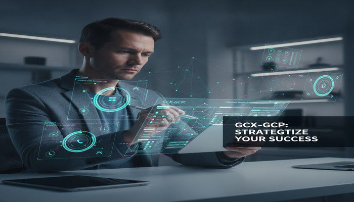 GCX-GCP: Strategize Your Success A focused professional actively planning their Genesys Cloud CX Professional (GCX-GCP) exam study on a tablet, surrounded by abstract digital representations of the Genesys Cloud CX platform, symbolizing a strategic approach to mastering complex concepts and overcoming common exam failure points.