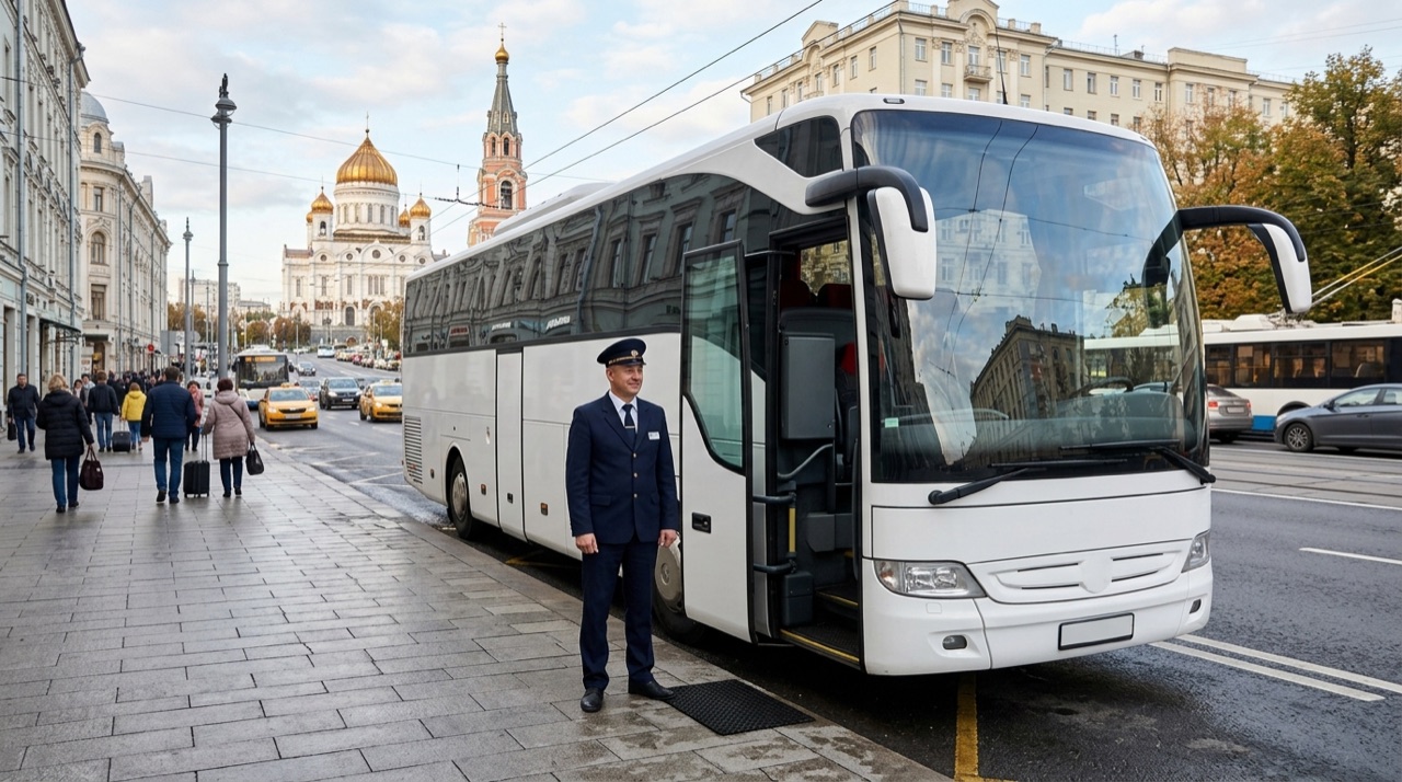 Автобус с водителем на подаче к месту сбора группы