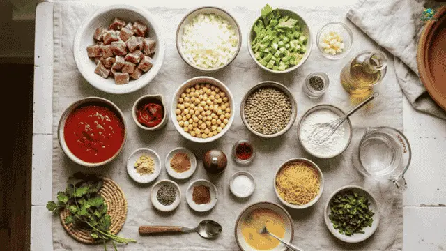 Moroccan Harira Soup Ingredients Overhead flat-lay layout of authentic Moroccan Harira soup raw ingredients.