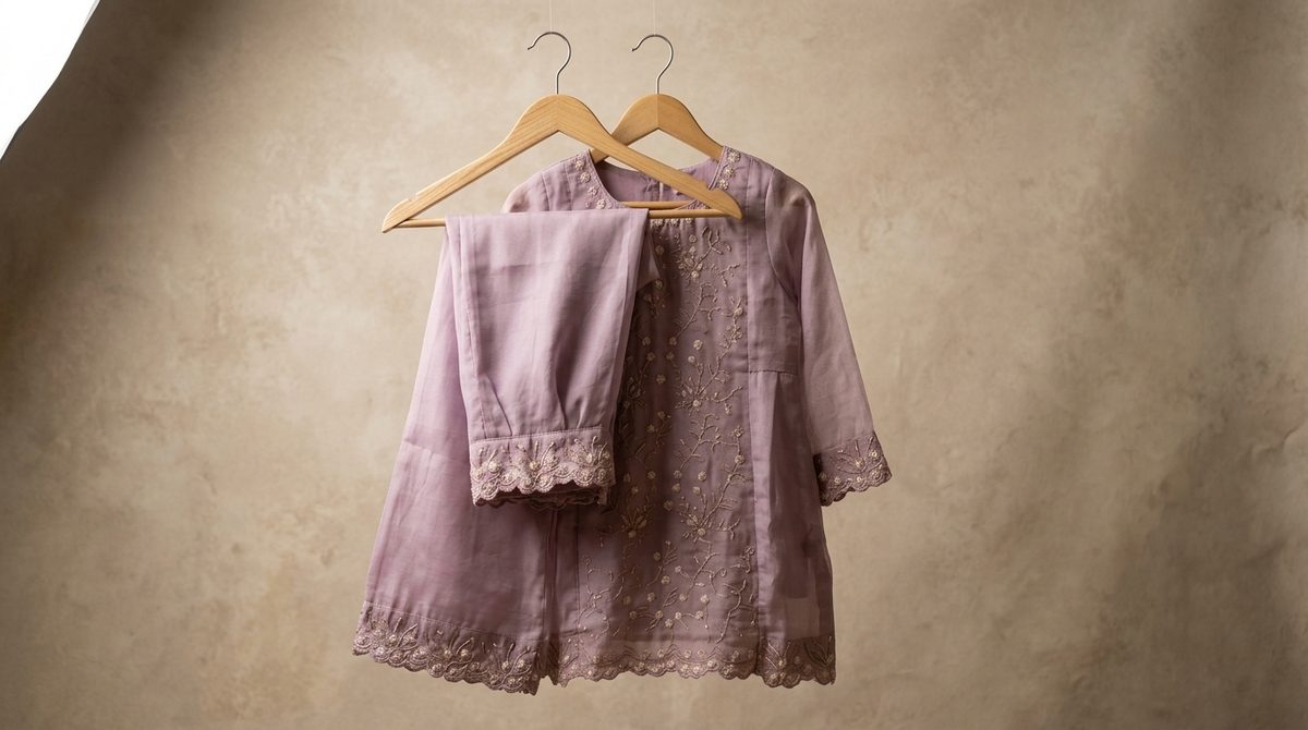 Mauve embroidered tunic and pant set on wooden hangers