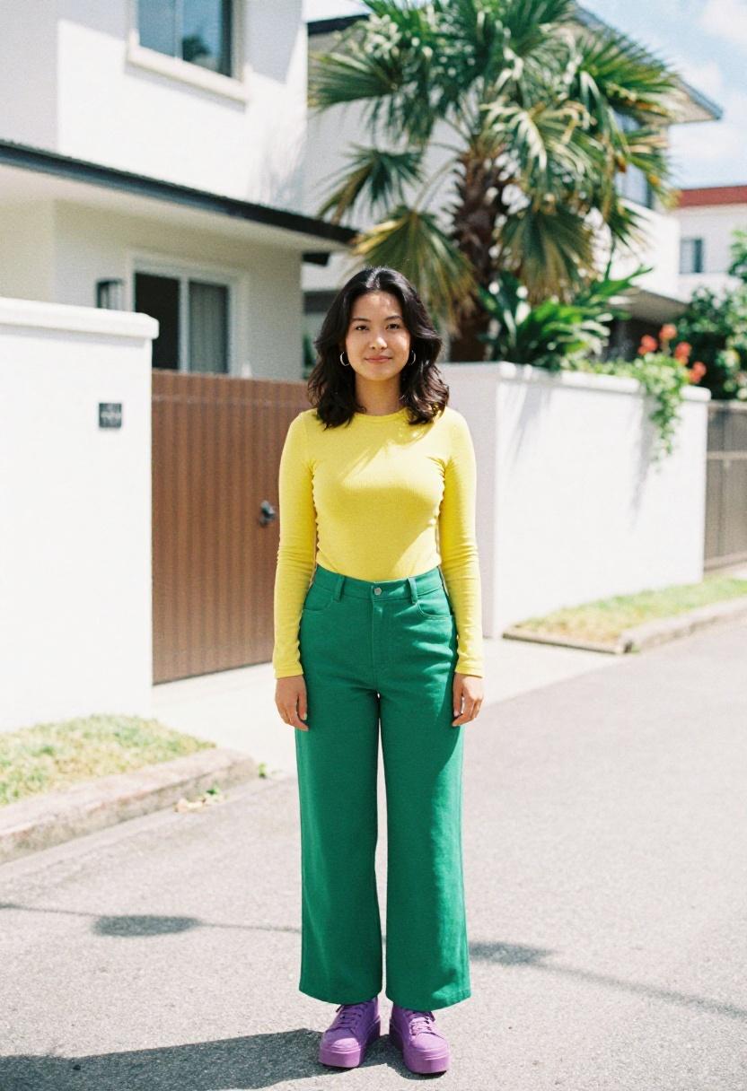 Electric violet platform sneakers with emerald green trousers and a yellow top in a sunny modern driveway