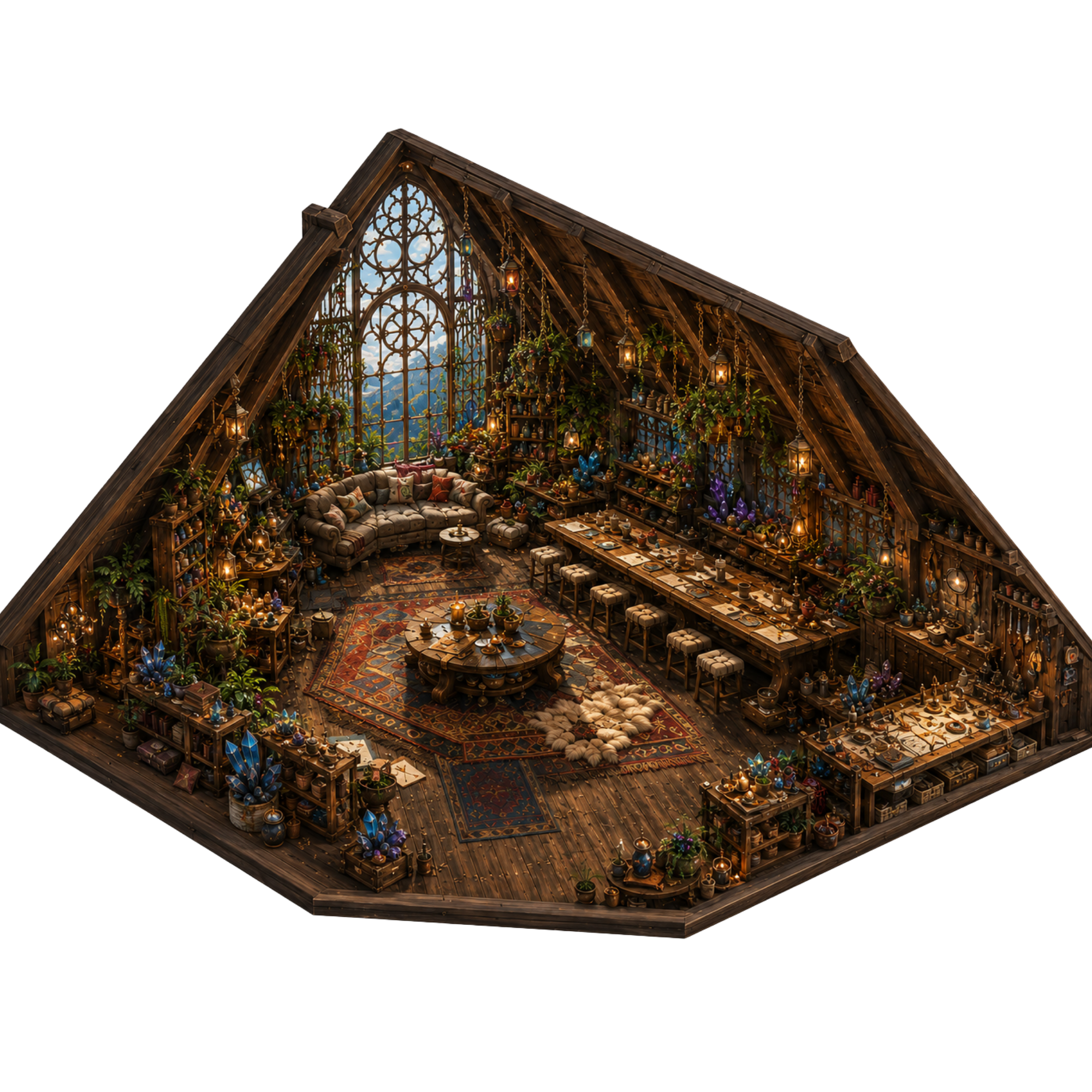 The main room of the Spill Nest with living, dining, game, plant, and work areas combined.