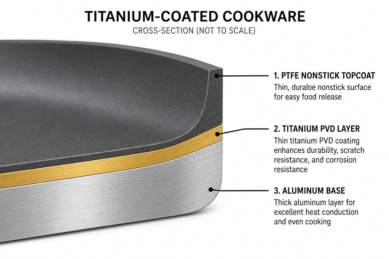 Pure titanium pan with matte gray surface next to titanium-coated nonstick pan with dark interior