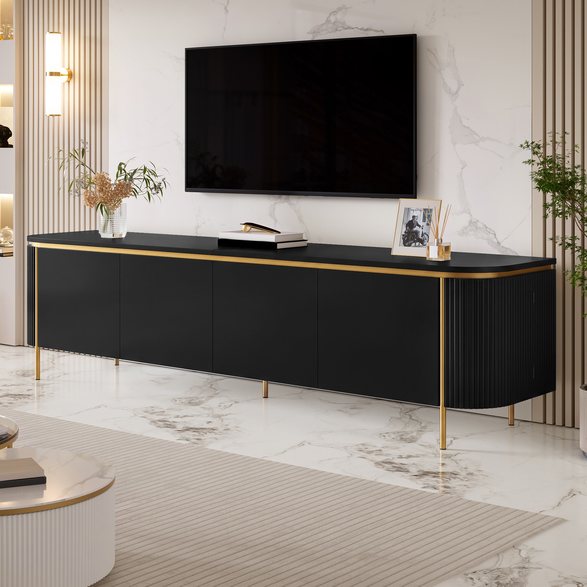Meuble TV Noir, 1 Porte, Rangement, Gestion des Câbles, Design Moderne, Angles Arrondis, Façade Texturée - 180x38x46cm - Salon 6