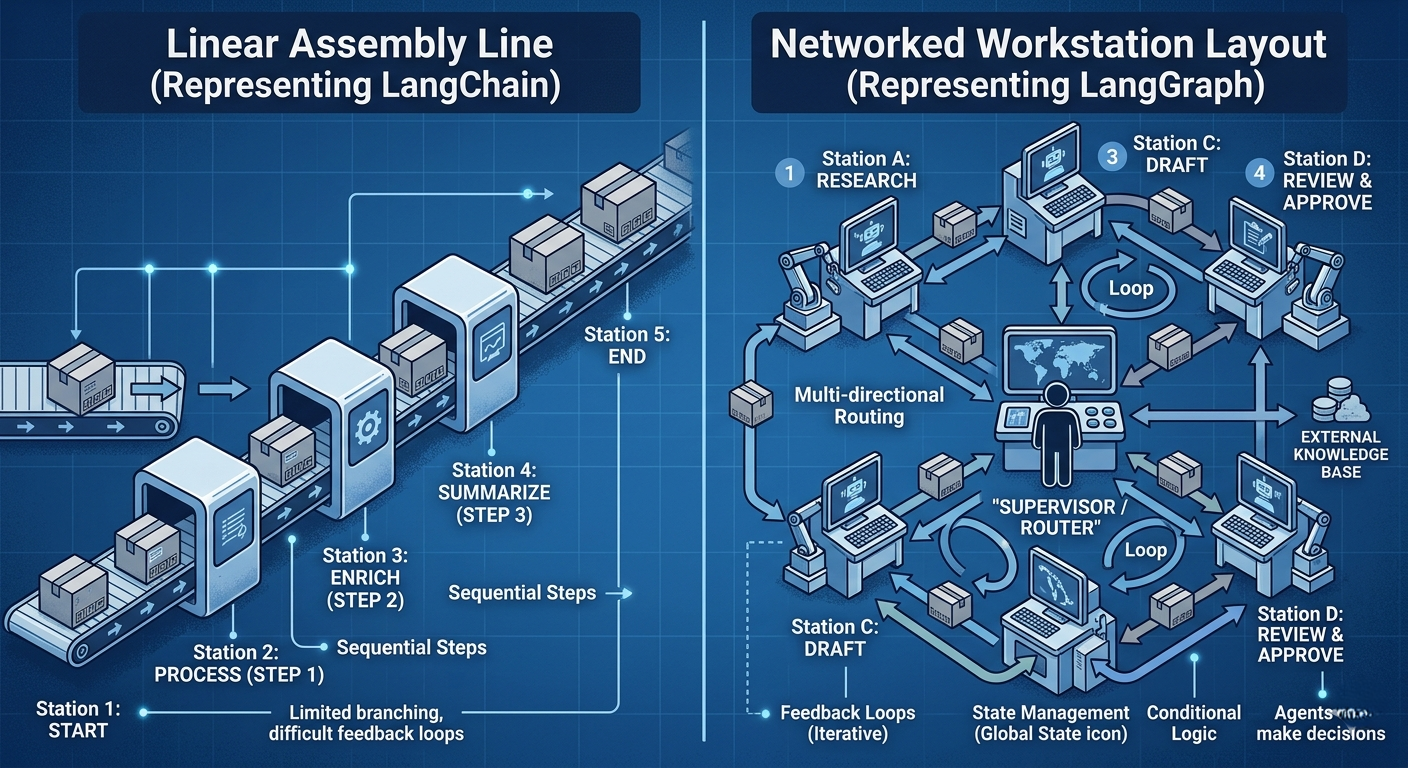 LangChain vs LangGraph architecture comparison diagram showing linear chain versus stateful graph workflow