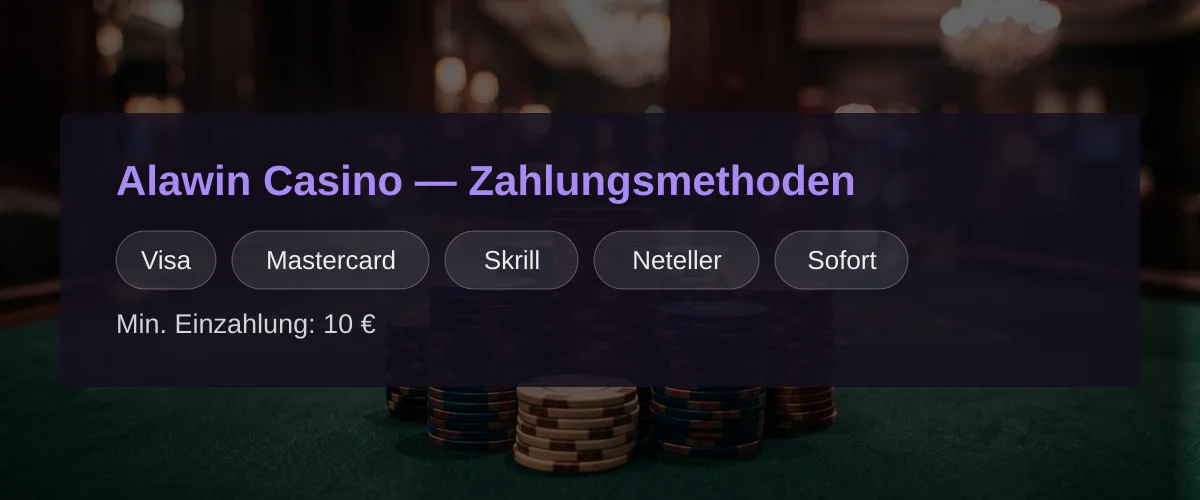 Alawin Casino — Zahlungsmethoden: Visa, Mastercard, Skrill, Neteller, Sofort