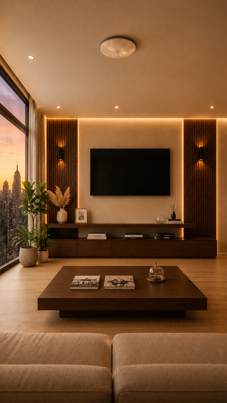 Salón urbano de lujo con paneles de madera, apliques negros y skyline al atardecer
