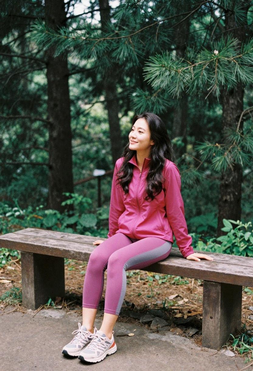 Woman in magenta anorak and printed leggings looking stylish at a spring trail rest stop