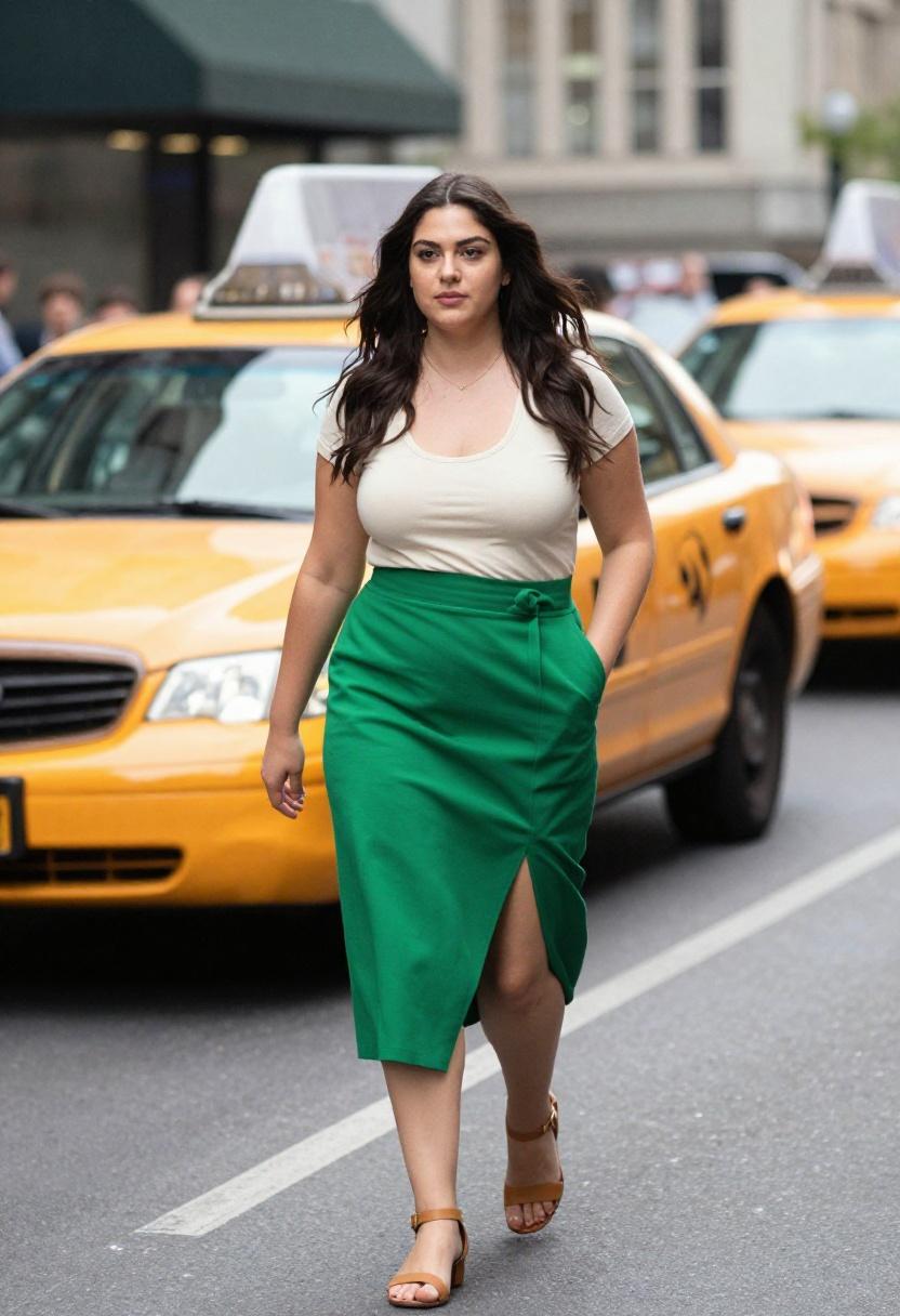 Emerald green wrap midi skirt with ivory tee and tan sandals for spring street style