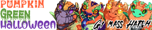 banner with four differently-gened Pumpkin/Green-range Snapper hatchlings, text says Pumpkin Green Halloween G1 mass hatch and links to a planning thread