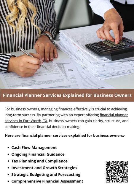 Financial planner services help business owners organize finances, manage cash flow, and plan for future growth. These services support budgeting, investment decisions, risk management, and tax efficiency. By using financial planner services in Fort Worth, TX, business owners gain clearer financial direction, reduce uncertainty, and make confident decisions that strengthen long-term profitability and stability. To know more visit here https://www.alignedwealthadv.com/financial-planning-fort-worth-tx