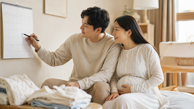 출산을 앞둔 부부가 배우자 출산휴가 일정을 계획하는 모습