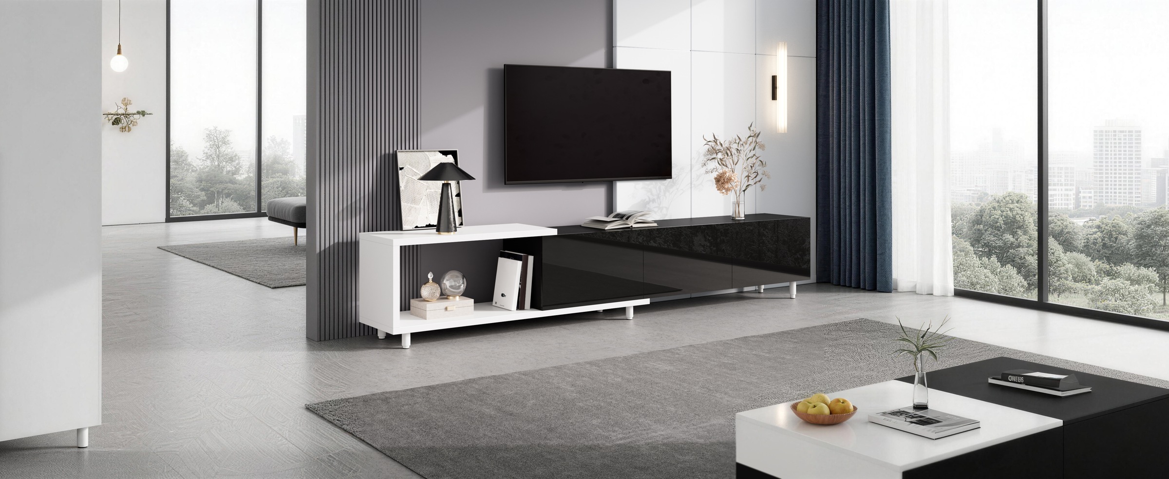 Meuble TV Noir, Rangement, Fermeture Douce, Extensible, Design Moderne, Structure Robuste - 258x38x48.5cm - Salon 2