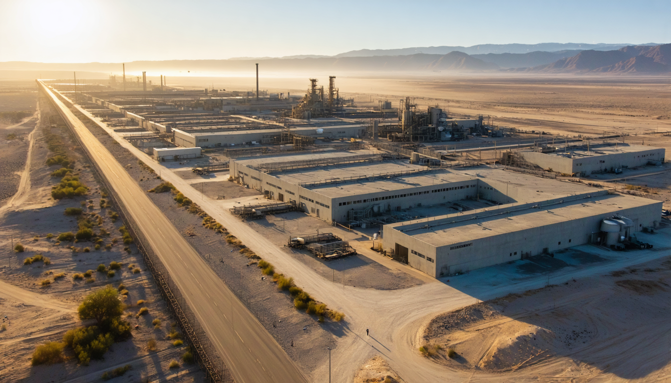 Aerial view of a uranium enrichment facility surrounded by empty desert, with a single unused road leading away into haze.