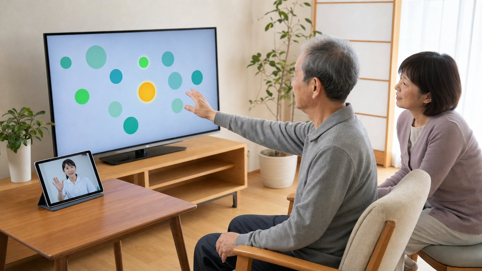 自宅で家族と専門職の遠隔支援を受けながらVRリハビリを行うパーキンソン病の方