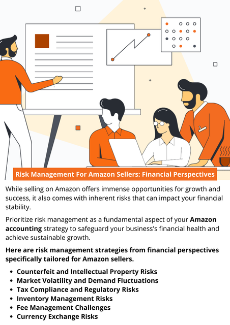 Effectively managing risks from financial perspectives is essential for the long-term success and sustainability of Amazon sellers. By diversifying your product portfolio, optimizing inventory turnover, analyzing and controlling selling expenses, hedging currency exposure, and engaging professional tax advisory services, you can mitigate risks and protect your business's financial health in the dynamic eCommerce landscape.   To know more visit here https://www.esenshi.com/amazon-fba-accounting-services