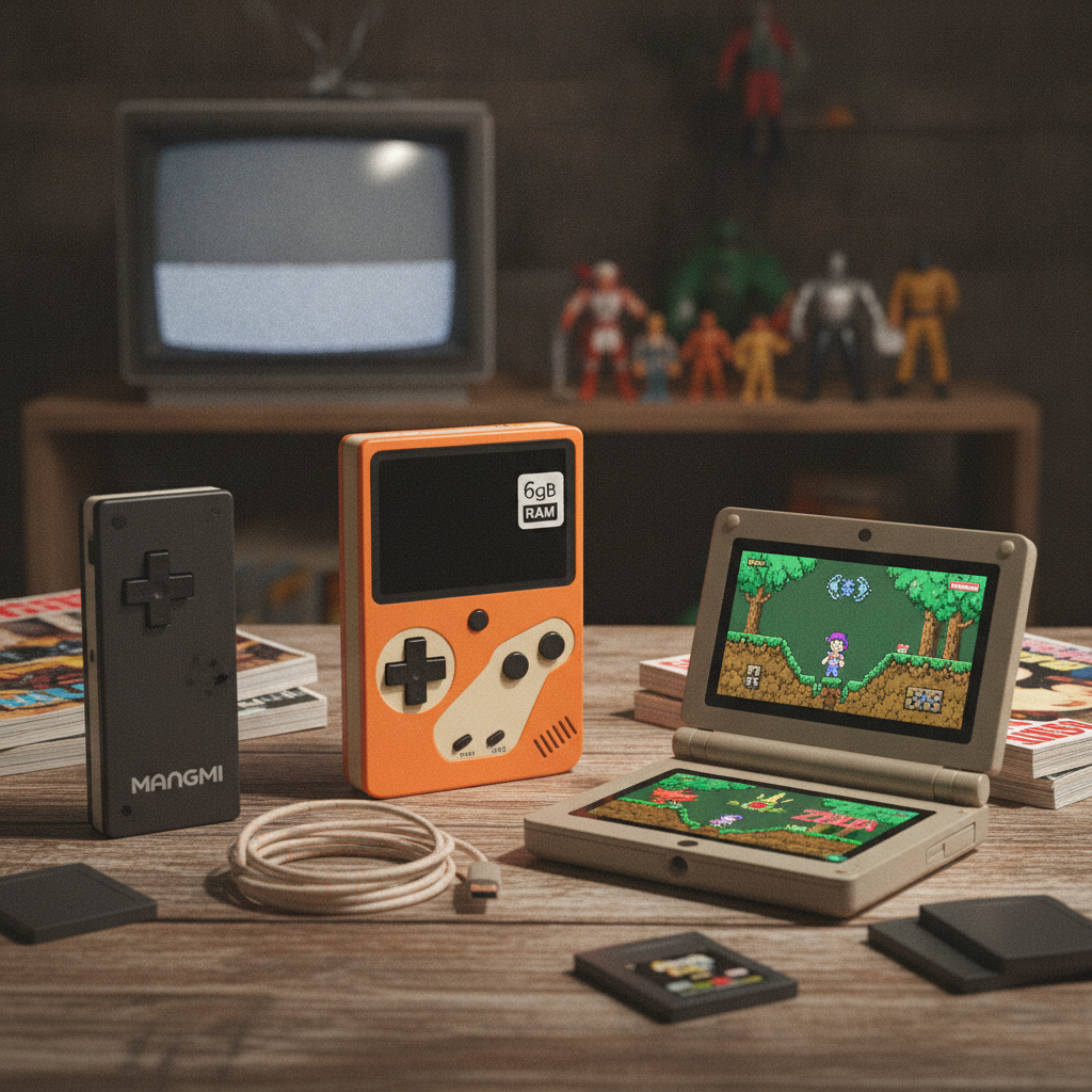 A vibrant image showcasing various retro handheld gaming devices, possibly including the Retroid and Mangmi, with classic game interfaces displayed on their screens.